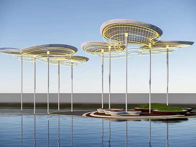 Modern Pergolas with Circular Roofs Yellow Lighting White Pillars by Water and Green Plants 3d model