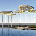 Modern Pergolas with Circular Roofs Yellow Lighting White Pillars by Water and Green Plants