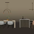 Modern Dining Table Set With Various Style Chairs Pendant Lights And Decorative Plants