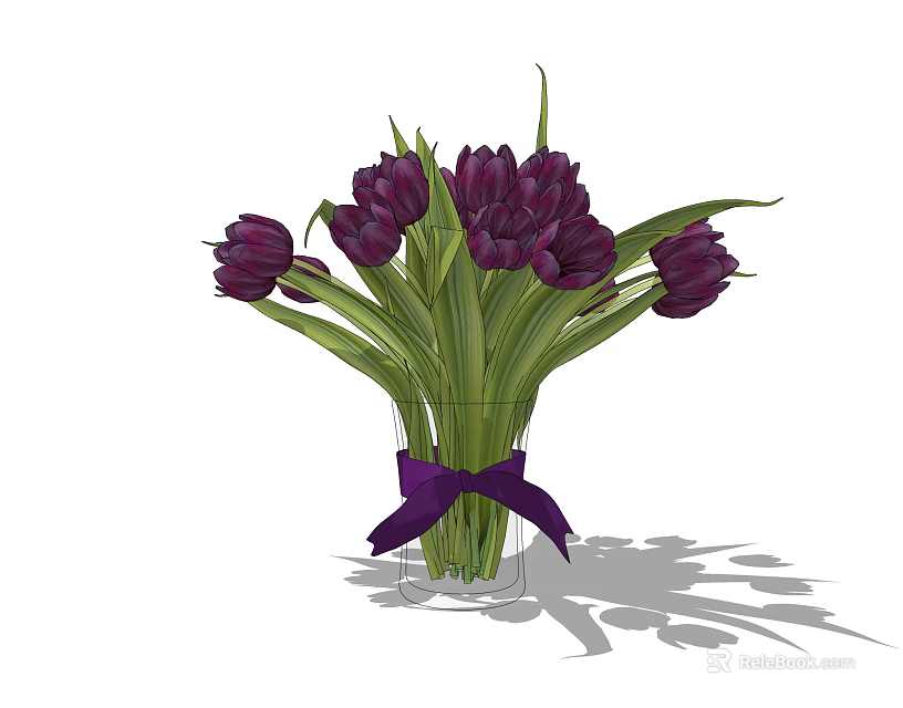 Purple Tulips Arrangement In Transparent Glass Vase With Purple Ribbon Bow And Green Leaves 3d model 
