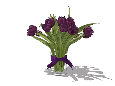 Purple Tulips Arrangement In Transparent Glass Vase With Purple Ribbon Bow And Green Leaves 3d model