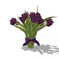 Purple Tulips Arrangement In Transparent Glass Vase With Purple Ribbon Bow And Green Leaves