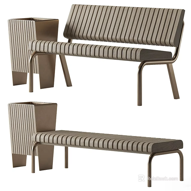 Modern Public Chair With Metal Frame Wooden Slat Seat Backrest And Side Trash Bin 3d model 