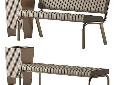 Modern Public Chair With Metal Frame Wooden Slat Seat Backrest And Side Trash Bin 3d model