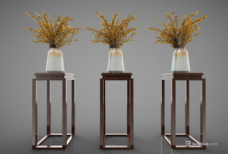 Wooden Flower Stands With Vases Holding Yellow Flowers In Modern Design 3d model 