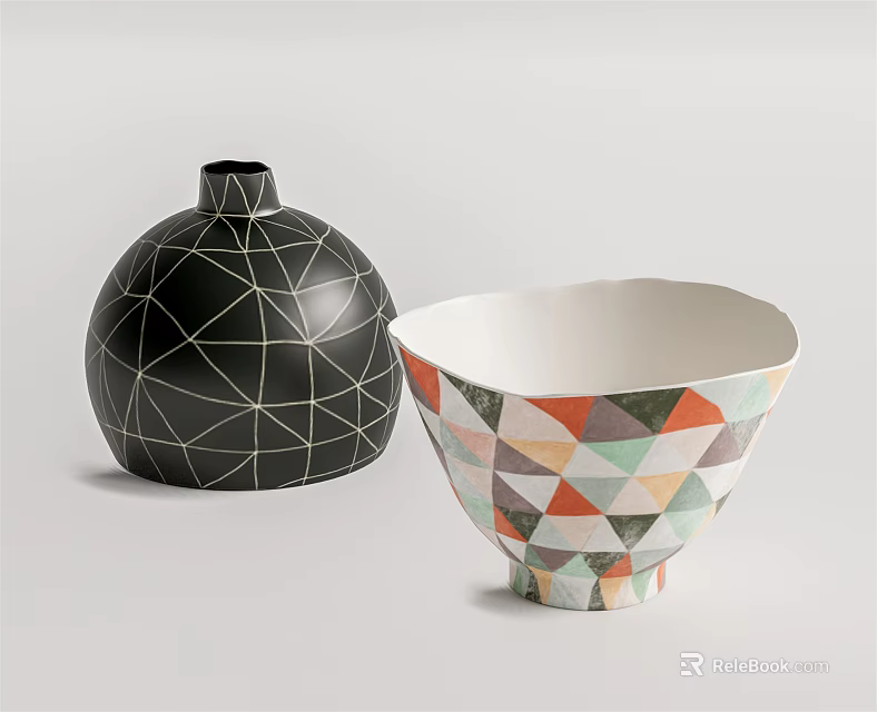 Ceramic Vessels with Black Geometric Patterned Spherical Vase and Colorful Triangular Design Bowl 3d model 