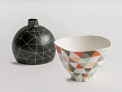 Ceramic Vessels with Black Geometric Patterned Spherical Vase and Colorful Triangular Design Bowl 3d model