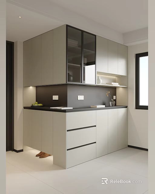 Modern Light Gray Decorative Cabinet With Glass Doors And Black Countertop 3d model 