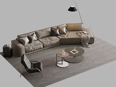 Modern L shaped Sofa and Coffee Table Set with Pillows Floor Lamp and Accent Chair 3d model