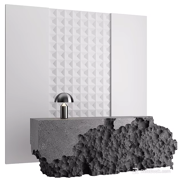 Modern Table Chair Set With Geometric Pattern Wall And Metallic Lamp 3d model 