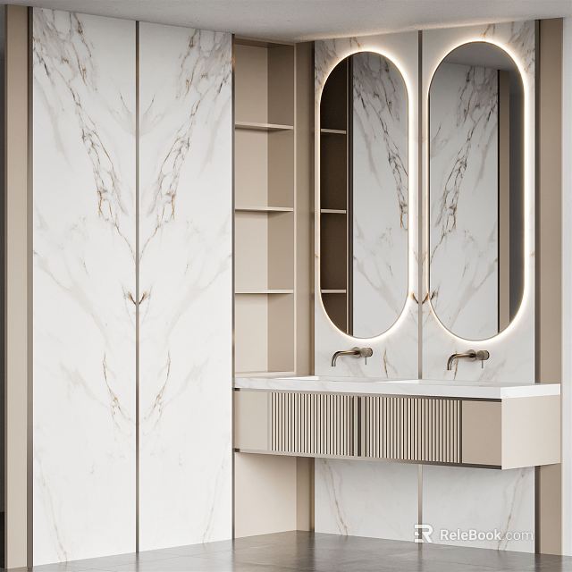 Modern Bathroom Vanity With Marble Surface Double Illuminated Mirrors And Storage Cabinet 3d model 