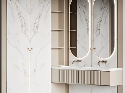 Modern Bathroom Vanity With Marble Surface Double Illuminated Mirrors And Storage Cabinet 3d model