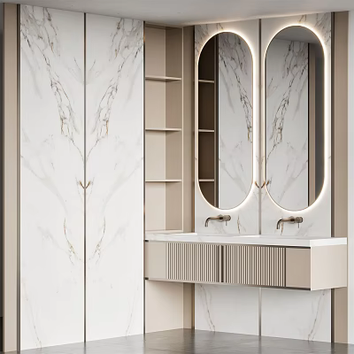 Modern Bathroom Vanity With Marble Surface Double Illuminated Mirrors And Storage Cabinet 3d model