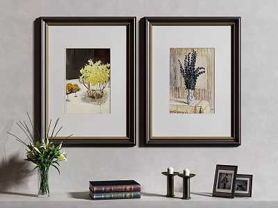 Framed Abstract Paintings on Wall with Vase with Flowers Stack of Books and Candles 3d model