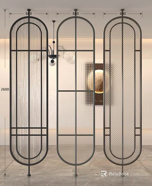 Modern Linear Metal Frame Partition Design For Interior Space With Decorative Wall Art And Lighting 3d model 