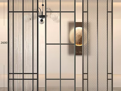 Modern Linear Metal Frame Partition Design For Interior Space With Decorative Wall Art And Lighting 3d model