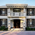 Two Story White Detached Villa With Balcony Columns And Green Surroundings