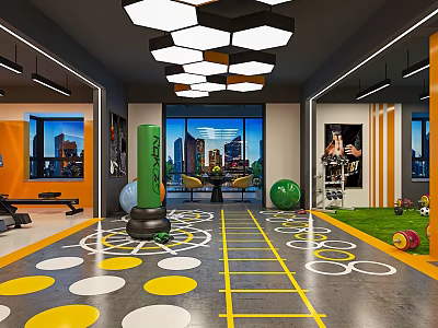 Modern Fitness Gym Interior Featuring Training Floor Markings Exercise Equipment Large Windows And Mirror Walls 3d model