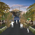 Bamboo Pergola Arched Structure With Golden Trees Surrounding Outdoor Area And People Walking Through