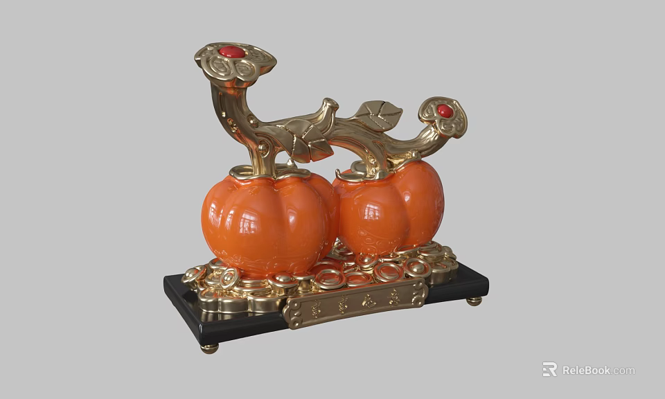 Elegant Decorative Ornament Combination with Two Orange Pumpkins Golden Coins Red Gemstones and Black Base 3d model 