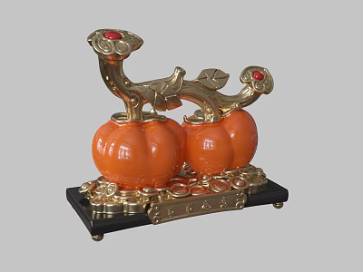 Elegant Decorative Ornament Combination with Two Orange Pumpkins Golden Coins Red Gemstones and Black Base 3d model