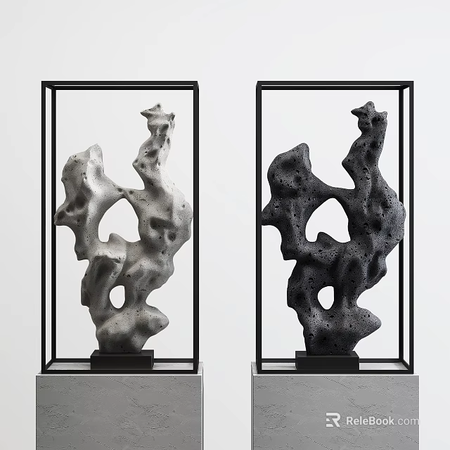 Modern Abstract Decorative Ornament Set With Black Frame Gray Black Sculptures And Base 3d model 