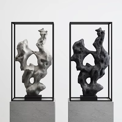 Modern Abstract Decorative Ornament Set With Black Frame Gray Black Sculptures And Base 3d model