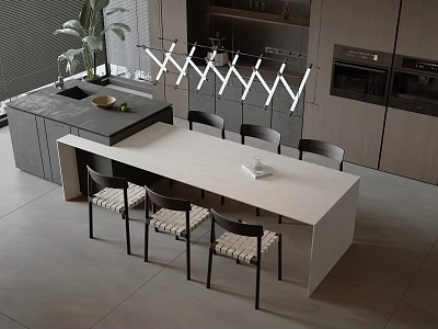Modern Dining Table Set With Black Chairs And White Countertop In Kitchen Interior 3d model