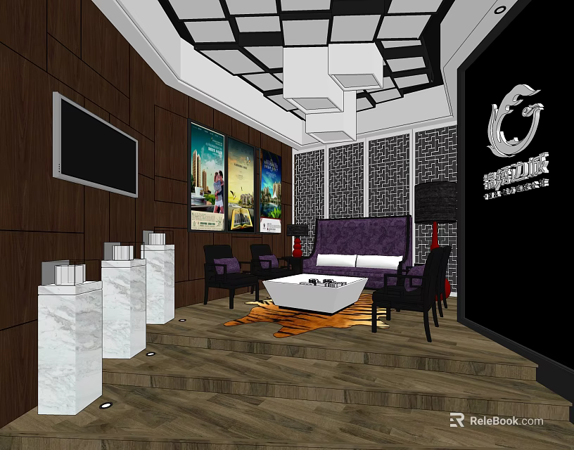 Modern Hotel Public Lounge Area With Luxury Sofa Coffee Table And Decorative Paintings 3d model 