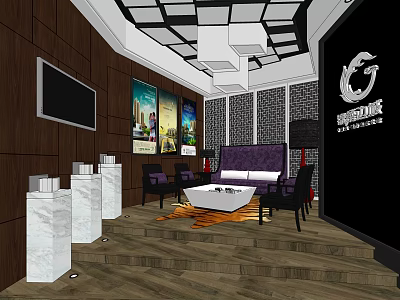 Modern Hotel Public Lounge Area With Luxury Sofa Coffee Table And Decorative Paintings 3d model