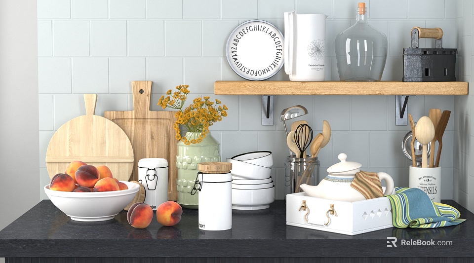 Elegant Kitchen Countertop Display With Dinnerware Set Plates Mugs Bowls Teapot And Cutting Boards 3d model 