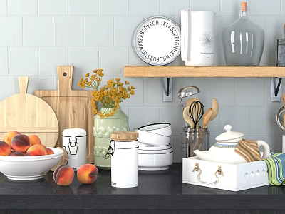 Elegant Kitchen Countertop Display With Dinnerware Set Plates Mugs Bowls Teapot And Cutting Boards 3d model