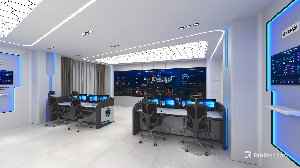 Modern Monitoring Room Interior With Multiple Screens Control Desks And Office Chairs 3d model 