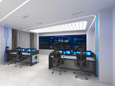 Modern Monitoring Room Interior With Multiple Screens Control Desks And Office Chairs 3d model