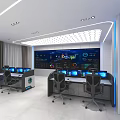 Modern Monitoring Room Interior With Multiple Screens Control Desks And Office Chairs