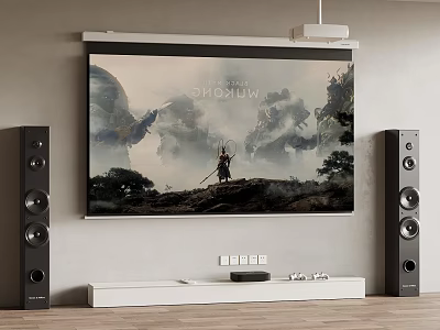 Modern Home Theater Setup With Projection Screen Speakers And TV Stand 3d model