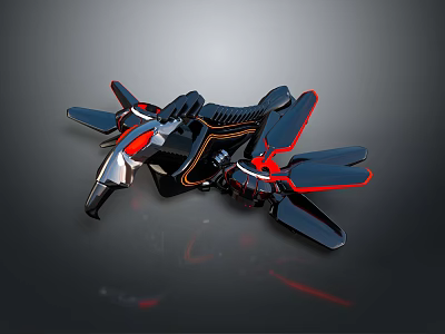 Modern Black and Red Mechanical Bird Design with Multiple Wings and Glowing Red Accents 3d model