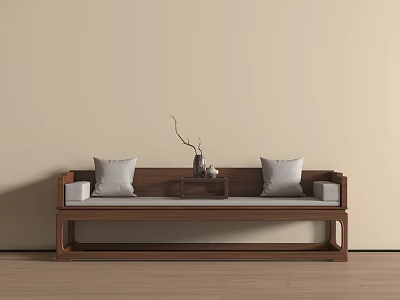 Chinese Luohan Bed with Wooden Frame Gray Pillows Side Table Vase Branch Decor Light Wall 3d model