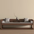 Chinese Luohan Bed with Wooden Frame Gray Pillows Side Table Vase Branch Decor Light Wall