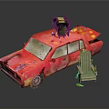 Red Worn Car With Equipment On Roof And Wooden Chair Nearby Debris