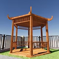 Traditional Wooden Pavilion With Red Tile Roof Surrounded By Green Lawn And Black Fence