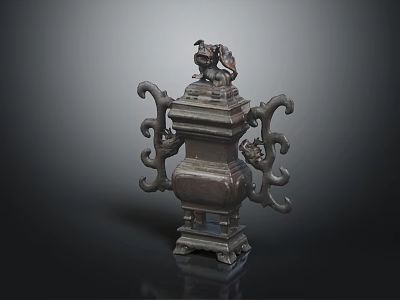 Ancient Decorative Bronze Vessel With Animal Lid And Symmetric Handles 3d model