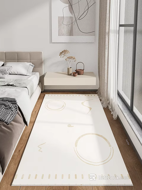Modern Bedroom Interior With Bedside Table Decorative Vase Teapot Circular Pattern Rug And Curtains 3d model 