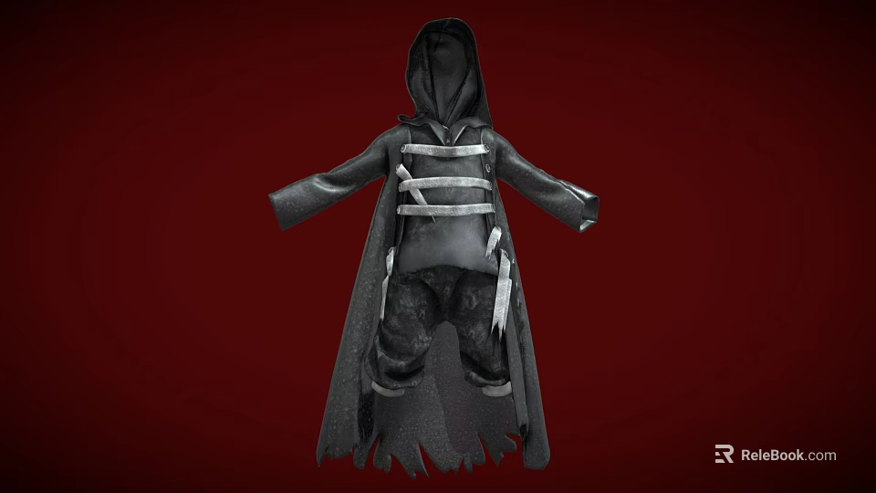 Black Hooded Robe With Straps Decorative Details And Tattered Hem On Red Background 3d model 