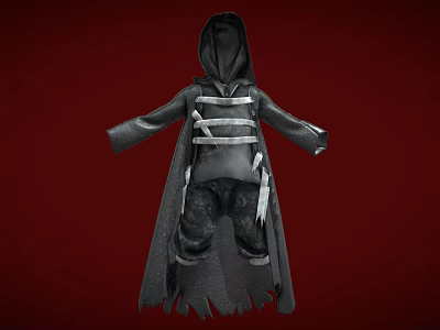 Black Hooded Robe With Straps Decorative Details And Tattered Hem On Red Background 3d model