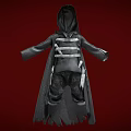 Black Hooded Robe With Straps Decorative Details And Tattered Hem On Red Background