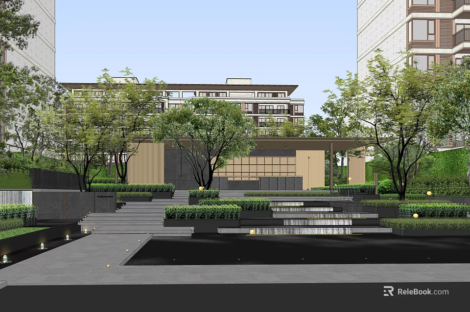 Modern Garden Landscape Design With Steps Water Features And Greenery Trees 3d model