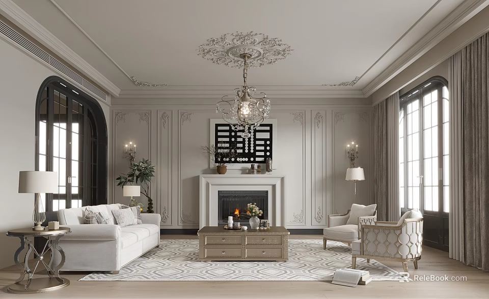 Elegant Living Room Interior With White Sofa Armchairs Chandelier Fireplace And Decorative Walls 3d model 