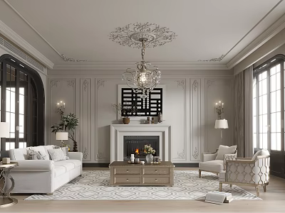 Elegant Living Room Interior With White Sofa Armchairs Chandelier Fireplace And Decorative Walls 3d model