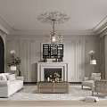 Elegant Living Room Interior With White Sofa Armchairs Chandelier Fireplace And Decorative Walls